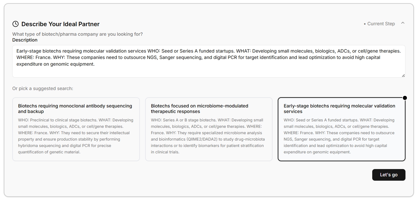 Step 1: Describe your ideal biotech partner with a text description and pick from suggested search templates