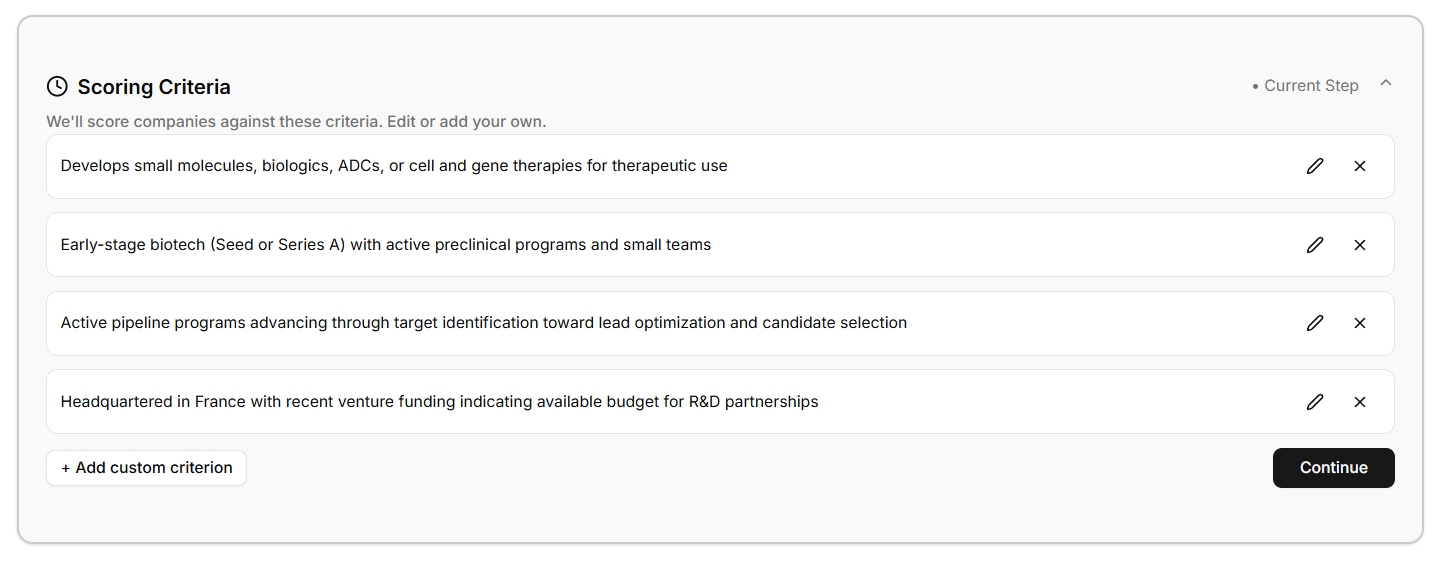 Step 2: AI-generated scoring criteria for modality, company stage, pipeline activity, and business location with edit and add options
